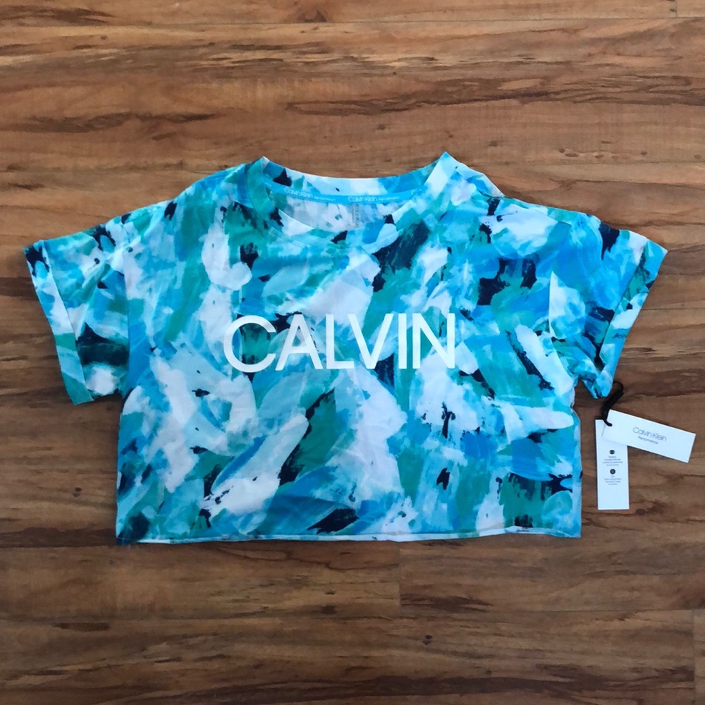 NWT Calvin Klein Performance Floral Crop Top Women’s Medium Blue White T-Shirt
